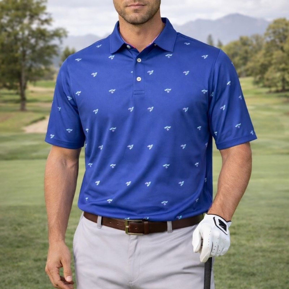 FootJoy Polo Men L Blue Thistle Lisle Print AOP‎ Performance Golf Stretch
